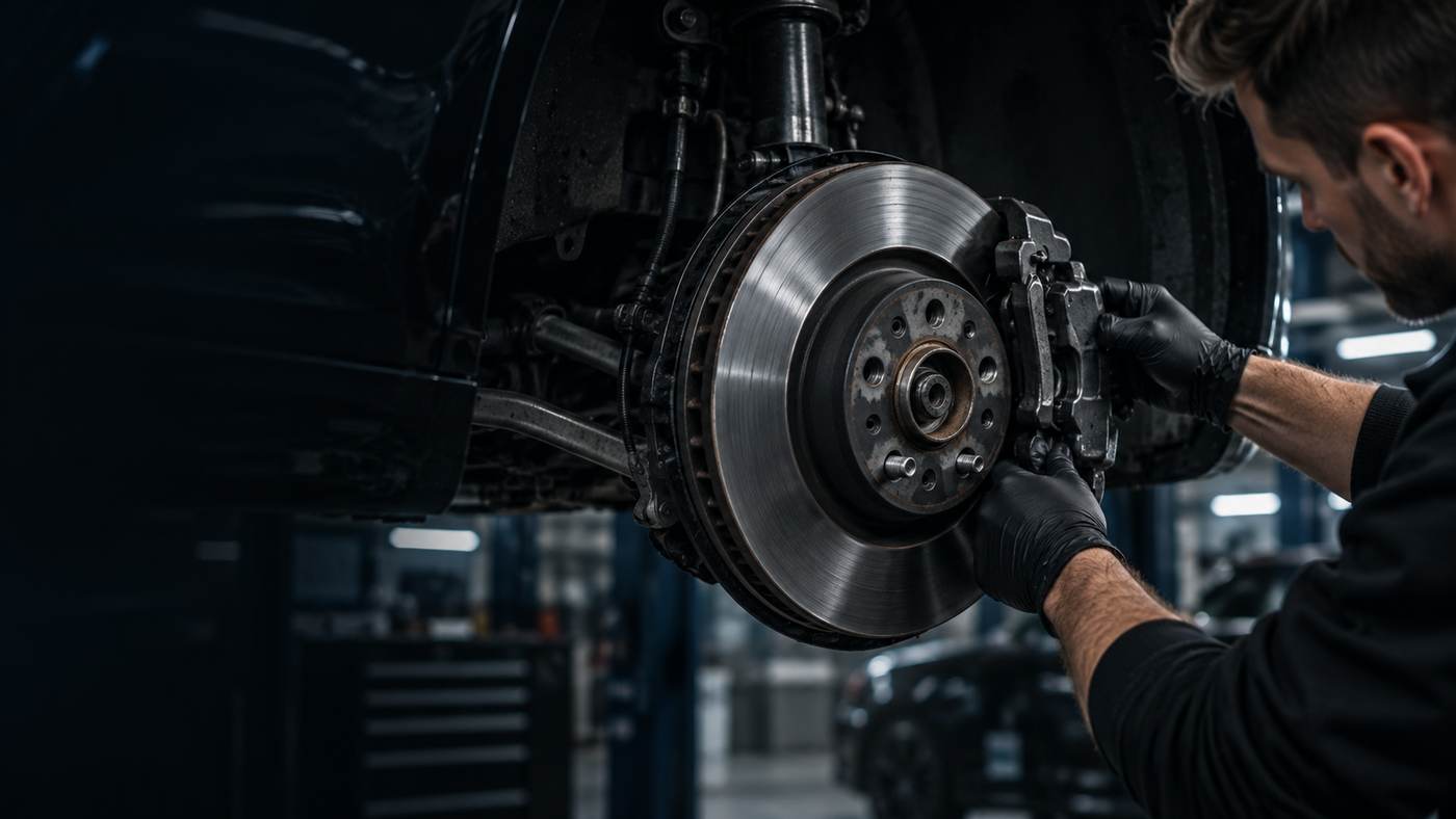 Close-up brake inspection in an automotive workshop