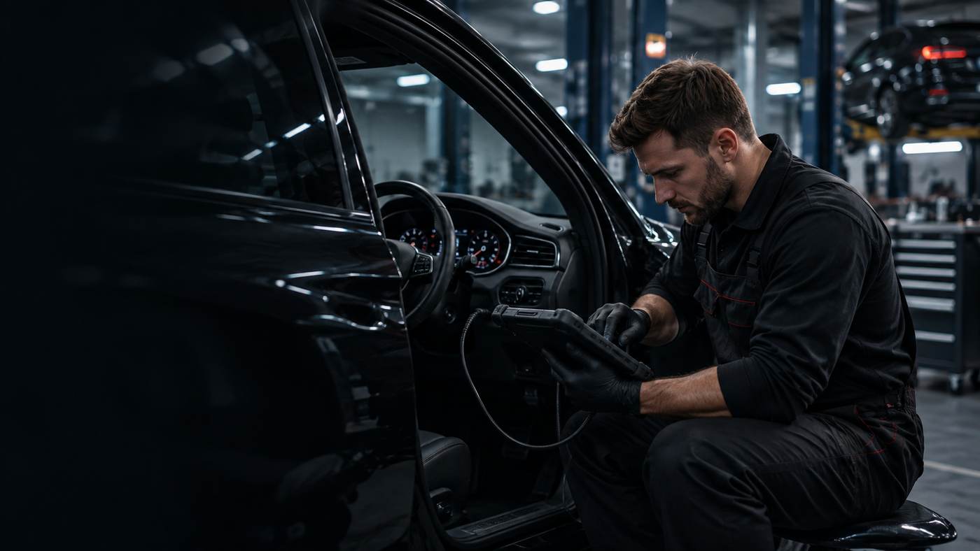 Automotive diagnostic equipment being used in a workshop